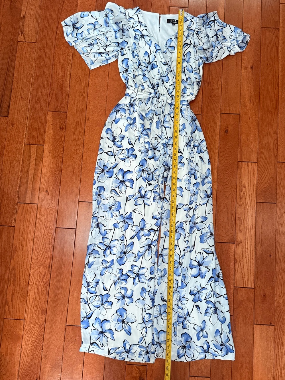 Lulus Floral V-Neck Wide-Leg Jumpsuit in Cream and Blue- fully lined, size small - Picture 10 of 14